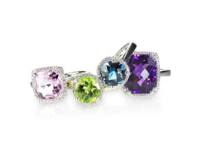 Gemstone and diamond halo fine jewelry rings
